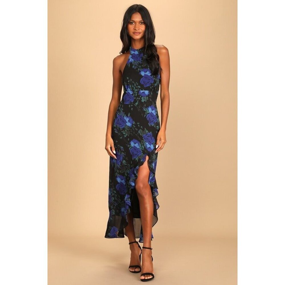 Lulus Elegant Entrance Black Floral Print Halter Maxi Dress - Size L